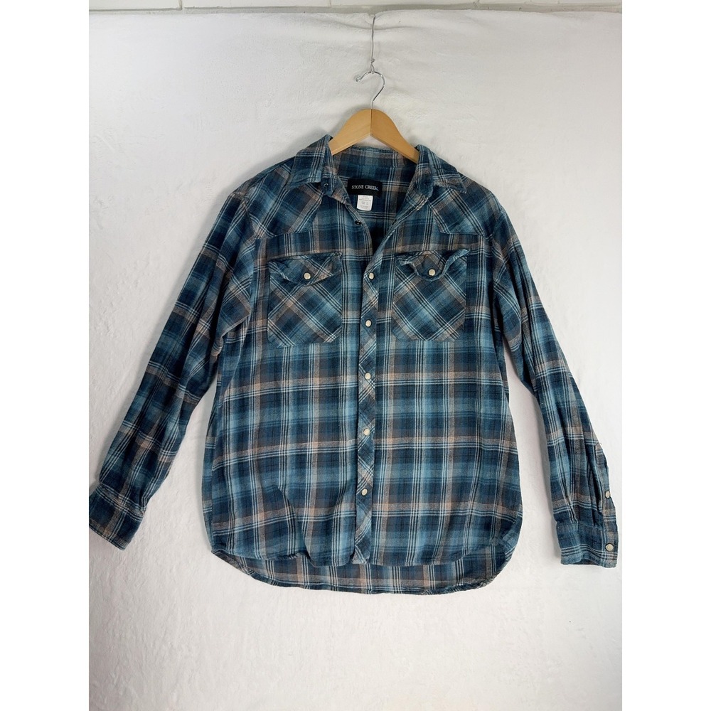 Stone Creek Shirt Mens Medium Blue Plaid Western Snap Front Flannel Cotton